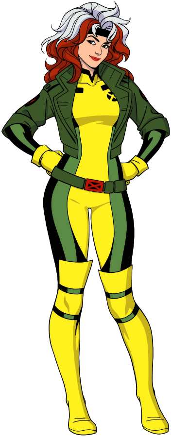 Rogue X-Men full body cosplay reference showing the classic green bodysuit, brown leather jacket, long yellow gloves, and auburn wig with white streak for the Halloween costume build