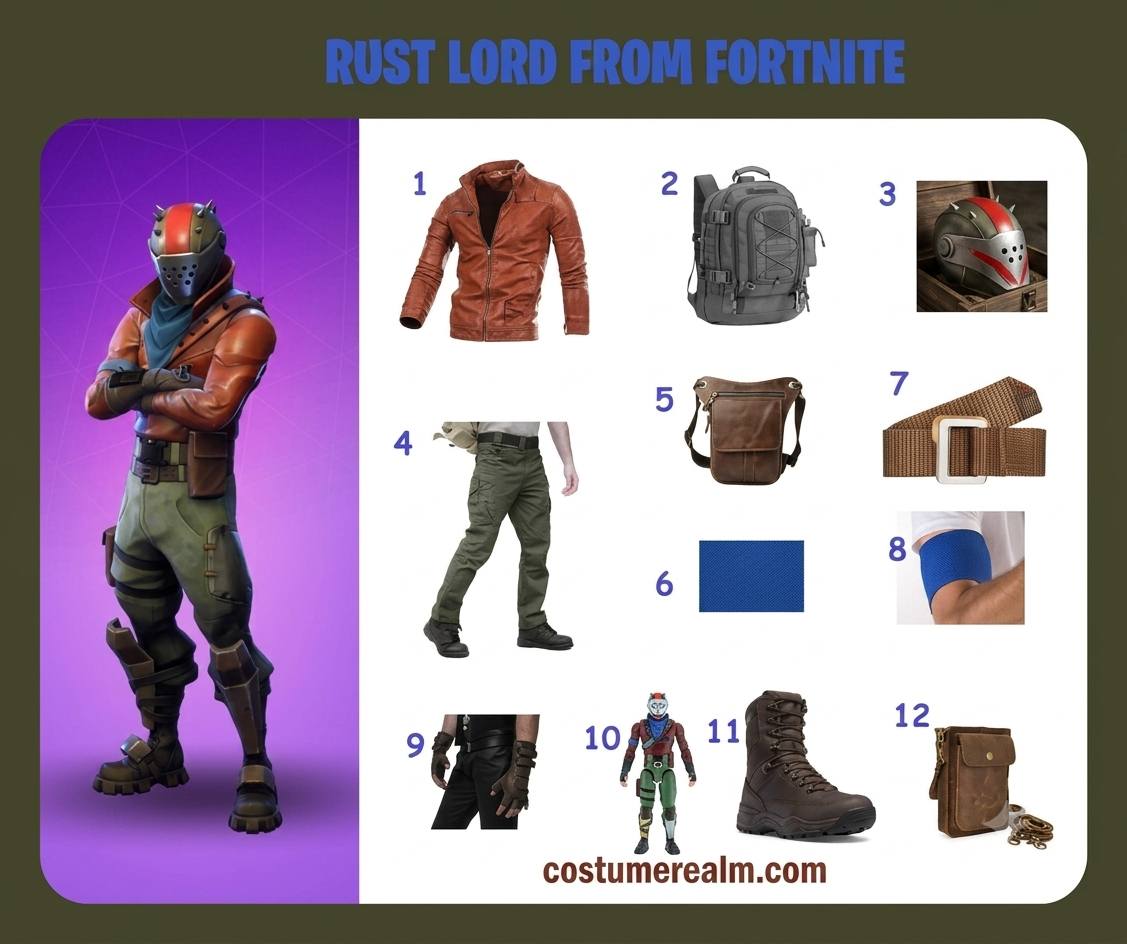Rust Lord from Fortnite cosplay infographic showing all 12 items: brown leather jacket, grey military bag, Rust Lord cosplay helmet, cargo pants, crossover bag, blue bandana, tactical belt, arm wrap, fingerless gloves, Funko Pop prop, hunting boots, and waist bag