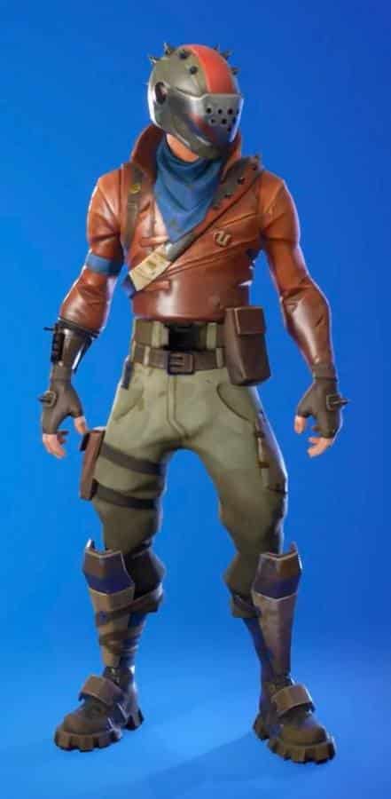 Rust Lord from Fortnite character reference showing the crimson-red leather jacket, dark metallic helmet with glowing red visor slits, left shoulder armor with metal spikes, and layered utility accessories