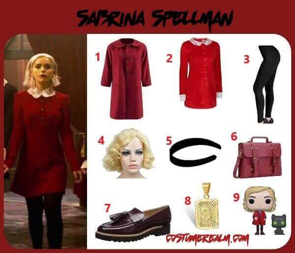 Sabrina Spellman from Chilling Adventures of Sabrina Halloween costume infographic showing bright red coat, Peter Pan collar red dress, black leggings, black headband, short wavy blonde wig, red messenger bag, wine red loafers, letter necklace, and Salem Funko Pop prop