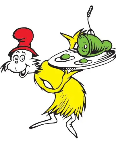 Sam-I-Am Halloween costume full build reference showing red hat, yellow clothing, and character accessories for both men's and women's Dr. Seuss group costume ideas