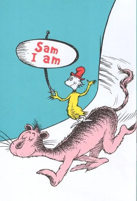 Sam-I-Am Halloween costume reference showing the red hat, yellow outfit, and white face and feet that define the character's look across both the men's and women's costume builds