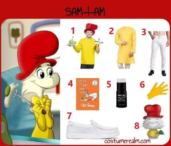 Sam-I-Am men's Halloween costume infographic showing the accessory kit with red hat plate and sign, yellow kurta pyjama, white jeans, Green Eggs and Ham book, white body makeup, yellow gloves, white skate shoes, Funko Pop prop, and all-in-one costume option