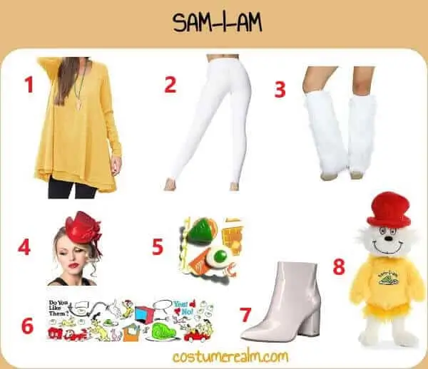 Sam-I-Am women's Halloween costume infographic showing long sleeve yellow blouse, white leggings, white fur leg warmers, red satin hat, Sam-I-Am earrings, Green Eggs and Ham bulletin board prop, white boots, and Sam-I-Am plush toy laid out as a complete 8-piece women's build