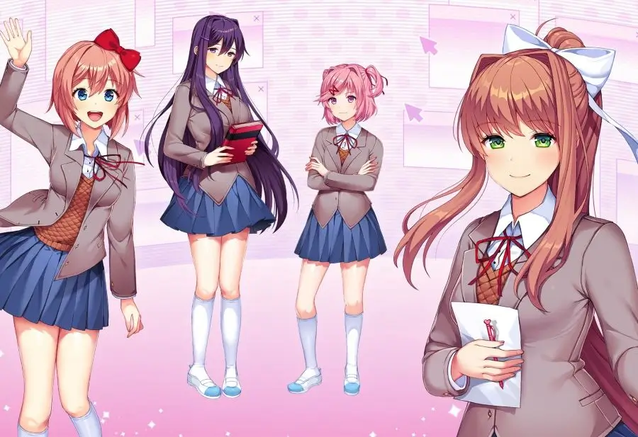 All four Doki Doki Literature Club characters together: Sayori, Yuri, Natsuki, and Monika in their school uniforms, showing the full DDLC group cosplay lineup