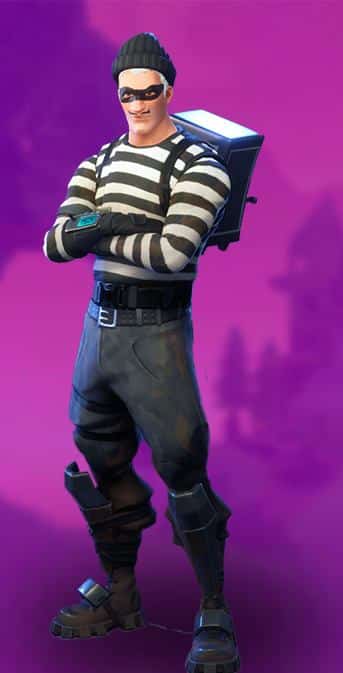 Scoundrel Fortnite character design showing the domino mask, prison stripe shirt, handlebar moustache, and black knit hat