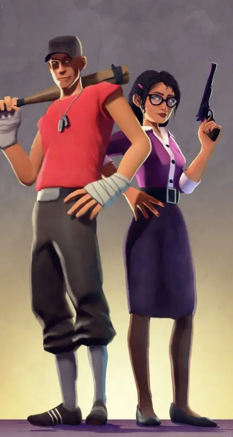Scout and Miss Pauling from Team Fortress 2, showing Scout's red shirt and gaming headset alongside Miss Pauling's purple dress for a couples cosplay pairing