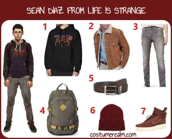 Sean Diaz from Life is Strange 2 Halloween costume infographic showing all 7 items: Wolf Squad hoodie, brown suede jacket, grey jeans, military backpack, brown belt, burgundy beanie, and brown high top sneakers