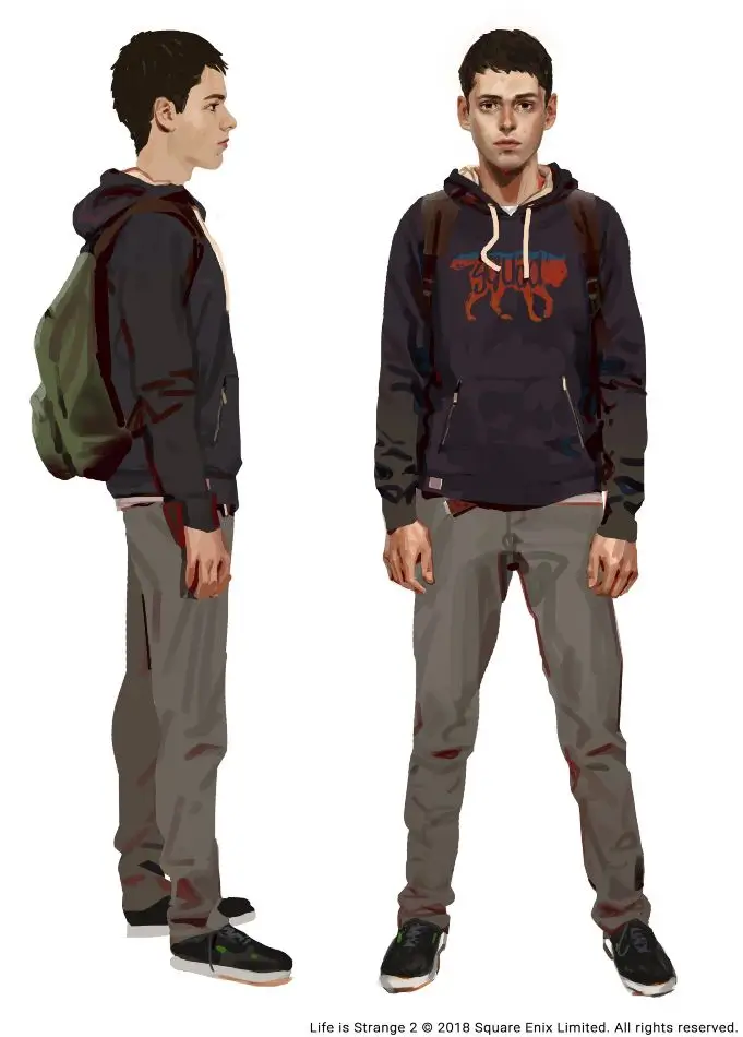 Sean Diaz from Life is Strange 2 wearing his signature Wolf Squad hoodie, burgundy beanie, and military backpack, used as a Halloween costume styling reference