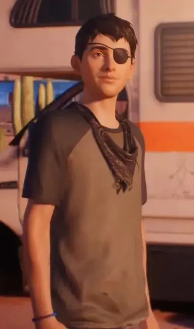 Sean Diaz from Life is Strange 2 Episode 4 wearing a black eyepatch after losing sight in his left eye, showing the alternate Halloween costume variant with eyepatch