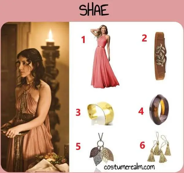 Shae from Game of Thrones Halloween costume infographic showing halter maxi dress in dusty rose, metal leaf buckle belt, golden cuff bracelet, bangle bracelet, filigree leaf pendant necklace, and dangle earrings