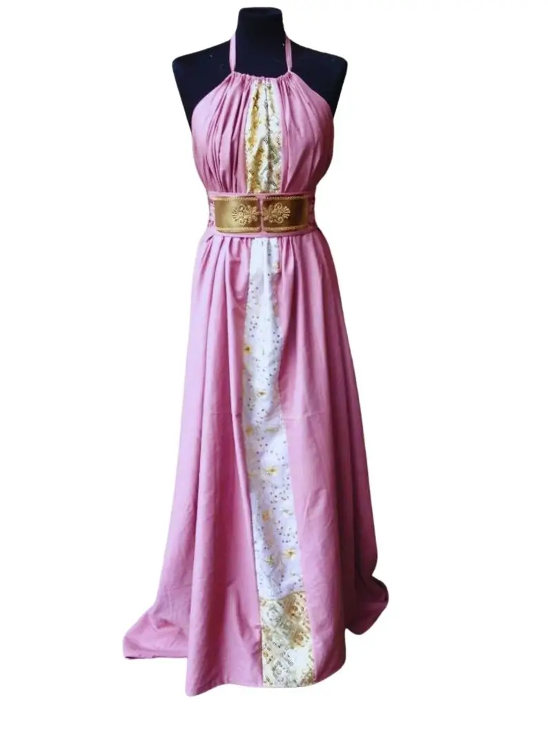 Sibel Kekilli as Shae in Game of Thrones wearing the dusty rose halter drape dress with layered gold jewelry and botanical waist belt