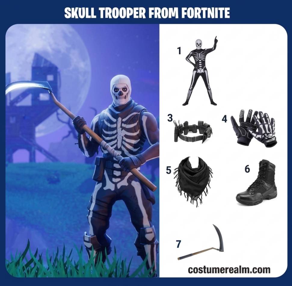 Skull Trooper from Fortnite cosplay infographic showing the full skeleton jumpsuit costume set, tactical belt, gloves, scarf, military boots, and foam reaper scythe as a complete 6-item build