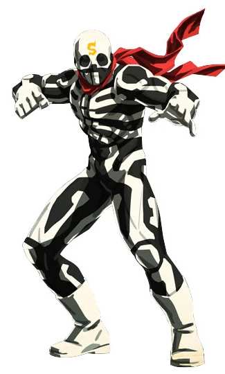 Skullomania in his Street Fighter EX skeleton suit with red scarf and white S emblem on the skull mask, shown in a fighting stance