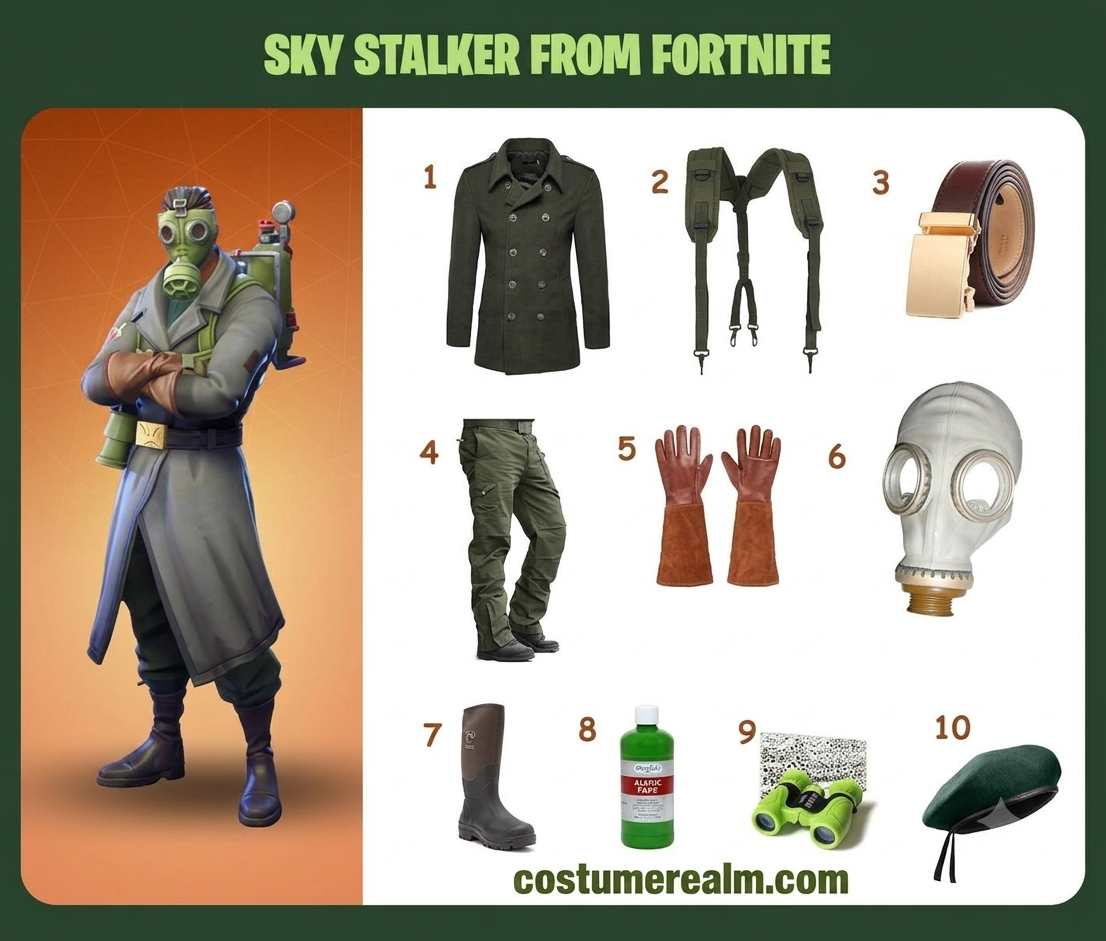 Sky Stalker from Fortnite cosplay infographic showing all 10 items: grey military jacket, green harness, brown belt, green cargo pants, brown leather gloves, military gas mask, hunting boots, acrylic paint for mask, green binoculars, and green military cap