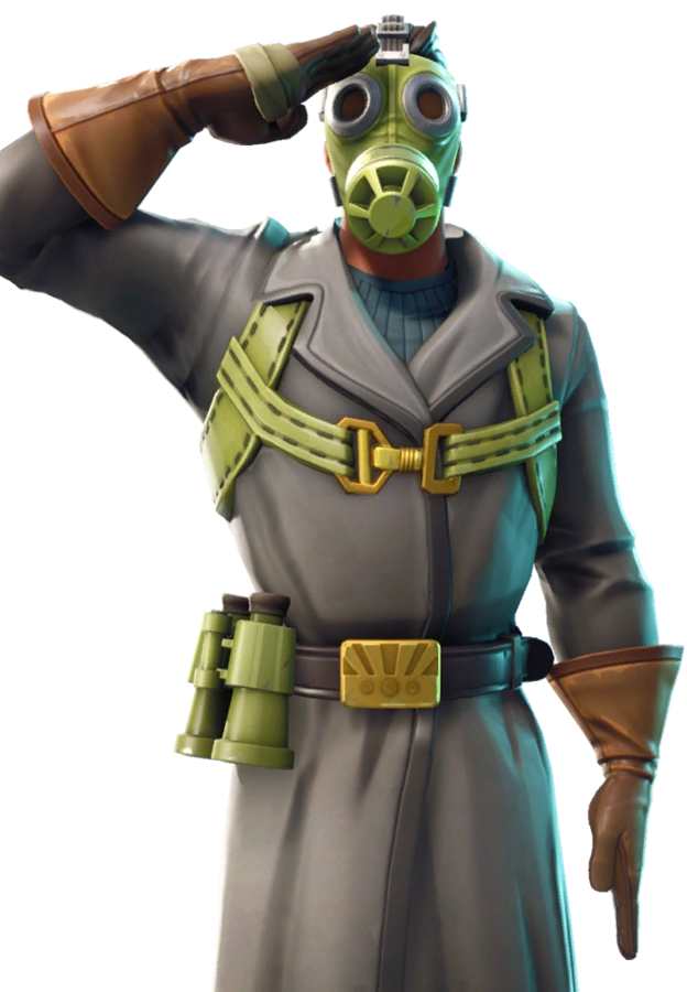 Sky Stalker from Fortnite character reference showing the long olive-drab military trench coat with chest harness, circular-lens gas mask, layered aviator cap, and brown leather pilot gloves