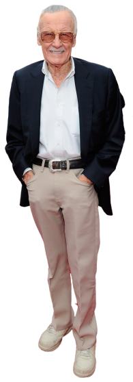 Stan Lee Halloween costume reference photo showing his black zip-up jacket, thick grey moustache, large aviator sunglasses, and white hair worn together