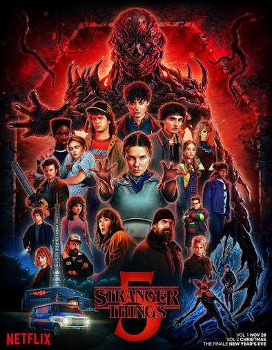 Stranger Things Season 5 poster featuring the full main cast alongside the show's monsters
