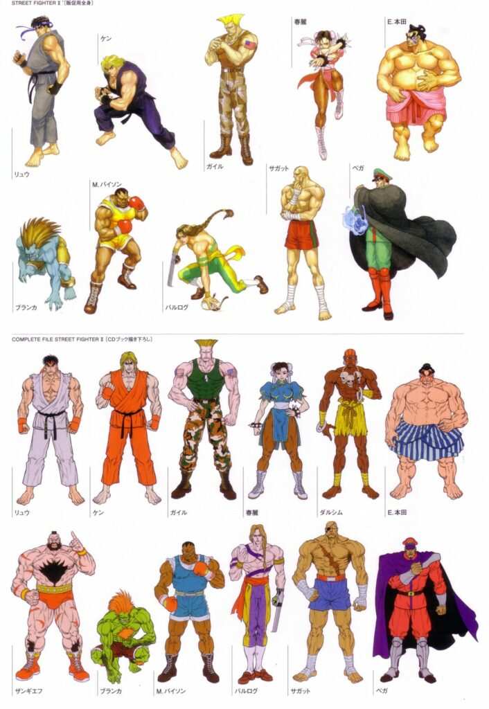Street Fighter character lineup including Ryu, Chun-Li, Akuma, Guile, and other fighters, showing visual range for group Halloween costume planning