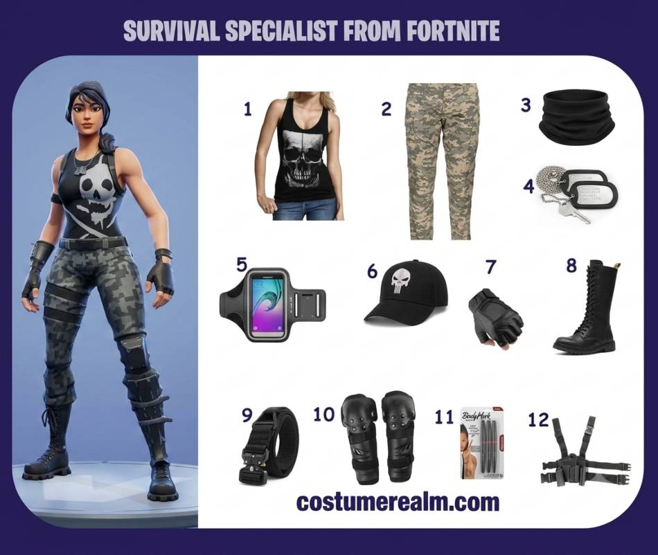 Survival Specialist from Fortnite cosplay infographic showing skull tank top, military cargo pants, wristband, dog tag, running armband, skull cap, fingerless gloves, combat boots, tactical belt, knee protectors, tattoo marker, and leg holster as a complete 12-item build