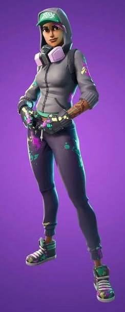 Teknique Fortnite skin official design showing her gray cropped hoodie, paint-splattered navy sweatpants, ombre pink hair, backwards cap, and industrial respirator hanging around her neck