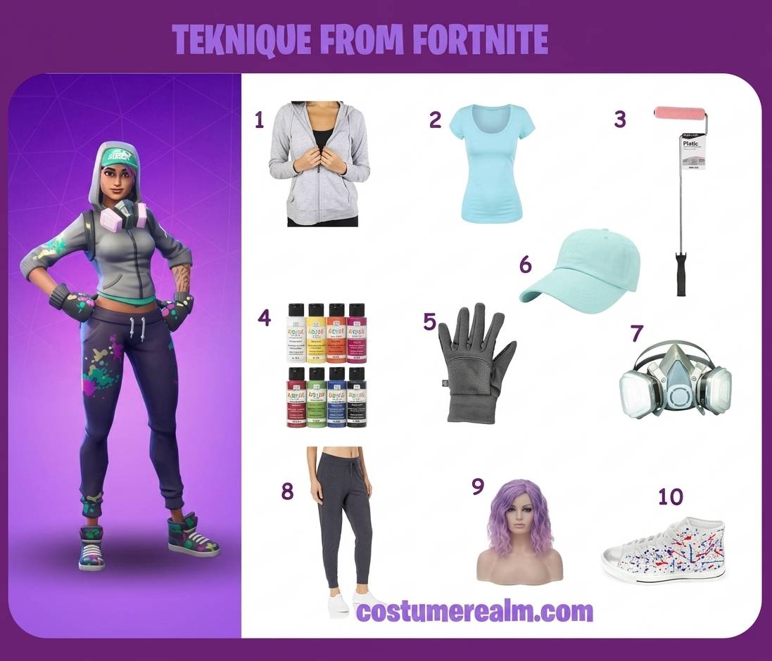 Teknique from Fortnite cosplay guide infographic showing gray cropped hoodie, aqua tee, paint roller, fabric paint set, grey gloves, aqua cap, respirator mask, navy sweatpants, ombre pink wig, and colourful sneakers as a complete 10-item cosplay build