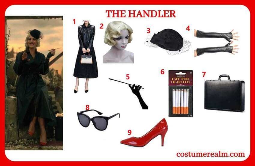The Handler from The Umbrella Academy Halloween costume infographic showing all 9 items: leather trench coat, short curly blonde wig, black fascinator hat, long fingerless gloves, vintage extendable cigarette holder, fake cigarettes, leather attache briefcase, cat-eye sunglasses, and classic red low heels