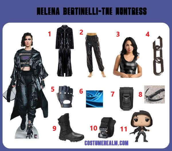 The Huntress from Birds of Prey Halloween costume infographic showing shiny metallic jacket, metallic pants, leather crop tank top, plastic chain, fingerless gloves, dart crossbow, motorcycle boots, and tactical belt
