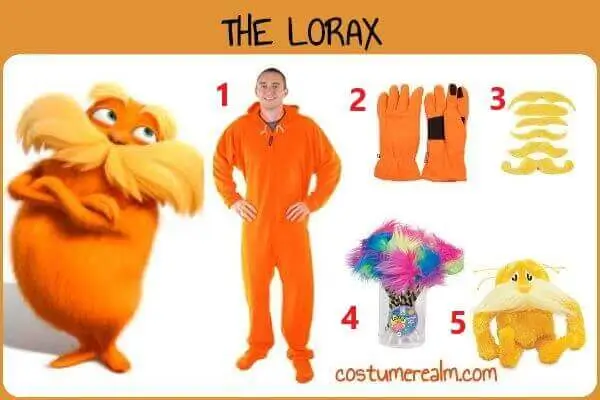 The Lorax unisex Halloween costume infographic showing orange onesie, orange gloves, Lorax mustache set, Truffula Tree pen, and Lorax stuffed toy prop laid out as a complete 5-piece costume build