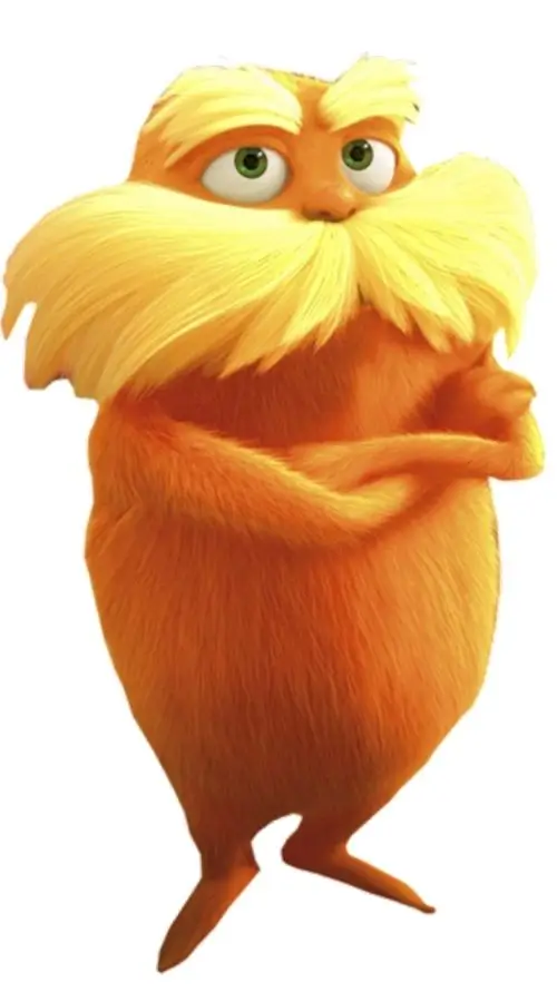 The Lorax character reference showing the round orange body, oversized yellow mustache, and small stature that define both the unisex and women's Halloween costume builds
