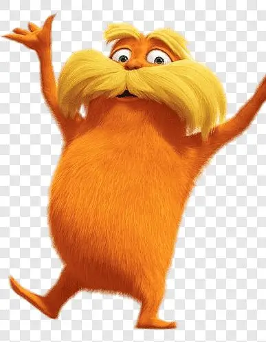 The Lorax Halloween costume shown in full with the orange build, oversized yellow mustache, and Truffula Tree prop that complete the Dr. Seuss character look