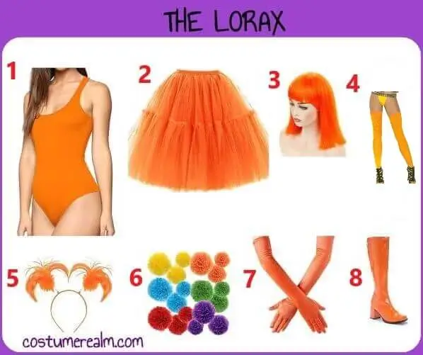 The Lorax women's Halloween costume infographic showing orange bodysuit, orange tutu skirt, orange bob wig, orange stockings, ponytail headband, paper pom pom flowers, orange opera gloves, and orange go-go boots laid out as a complete 8-piece women's build
