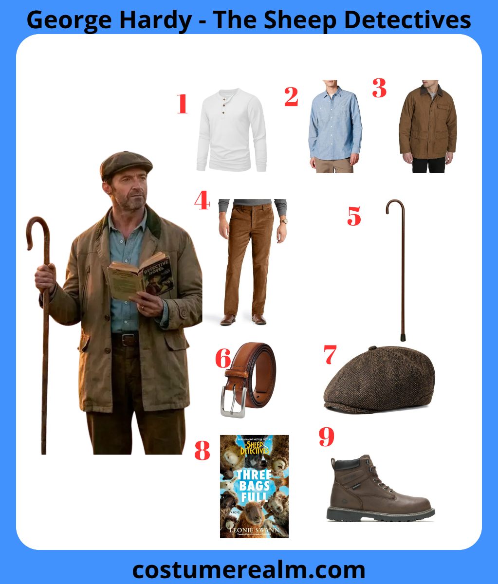 George Hardy from The Sheep Detectives Halloween costume infographic showing canvas jacket, newsboy cap, shepherd's crook, and corduroy pants