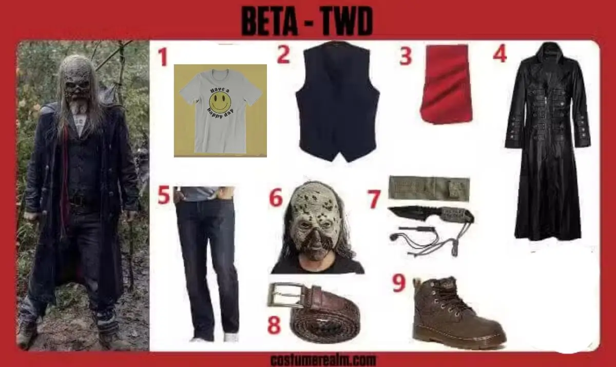 Beta from The Walking Dead Halloween costume infographic showing the walker-skin zombie mask, black trench coat, fleece scarf, vest, jeans, belt, boots, and rubber knife