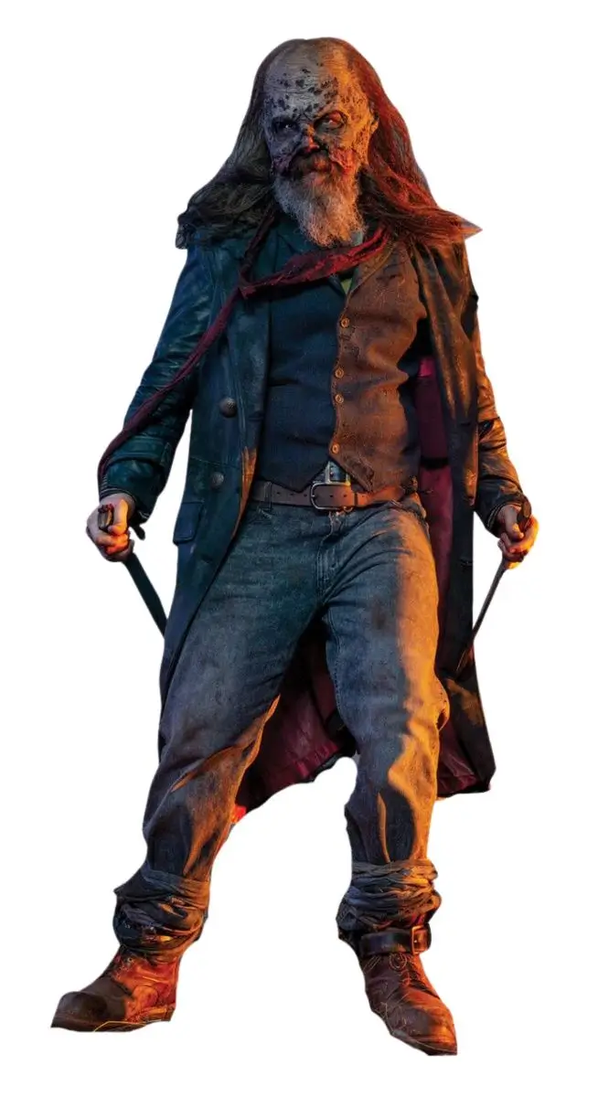 Beta wearing his walker-skin mask and long black coat in The Walking Dead