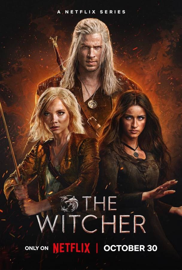 The Witcher Season 4 official poster featuring Geralt, Yennefer, and Ciri, showing the three main characters and their visual contrast for Witcher group Halloween costume reference