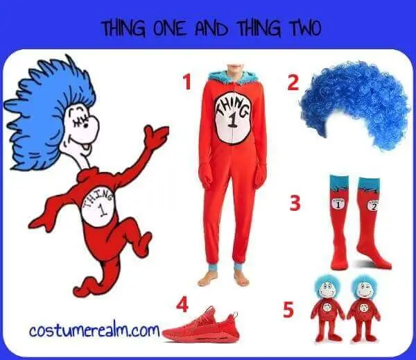 Thing One and Thing Two unisex Halloween costume infographic showing the adult red jumpsuit costume, blue afro wig, numbered socks, red sneakers, and plush toy prop laid out as a complete 5-piece couples build