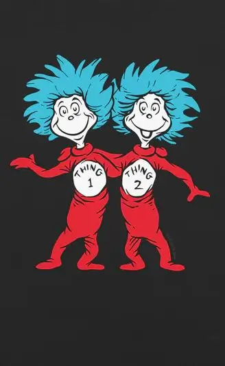 Thing One and Thing Two Halloween costume reference showing the red jumpsuit, numbered white chest badge, and electric blue afro hair that define the character look from The Cat in the Hat