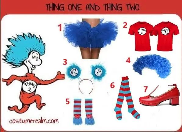 Thing One and Thing Two women's Halloween costume infographic showing blue tutu skirt, red numbered T-shirt, blue ponytail head bopper, blue afro wig, numbered glovettes, Thing One and Two socks, and red Mary Janes laid out as a complete 7-piece women's build