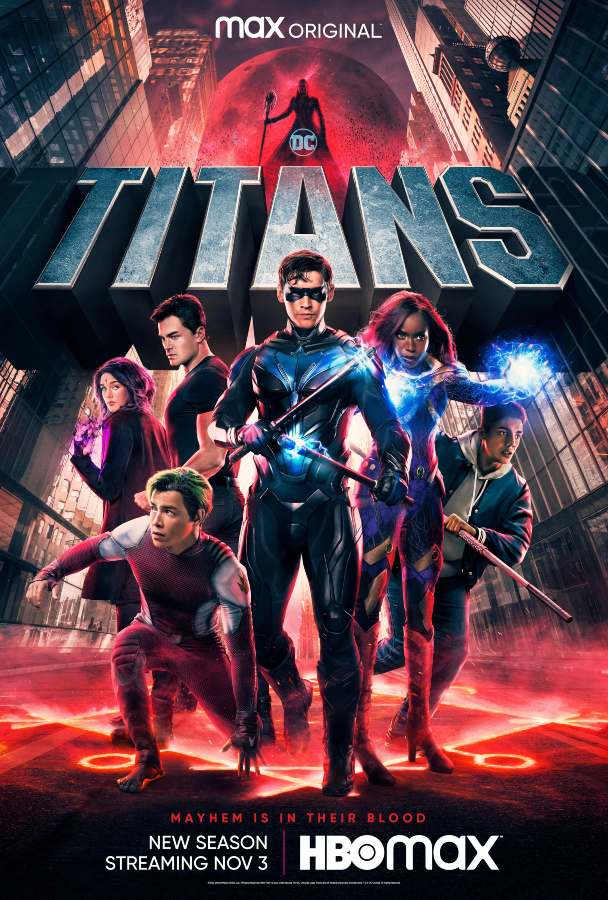 Official Titans poster featuring the full cast including Rachel Roth, Dick Grayson, Koriand'r, and Gar Logan for the HBO Max series
