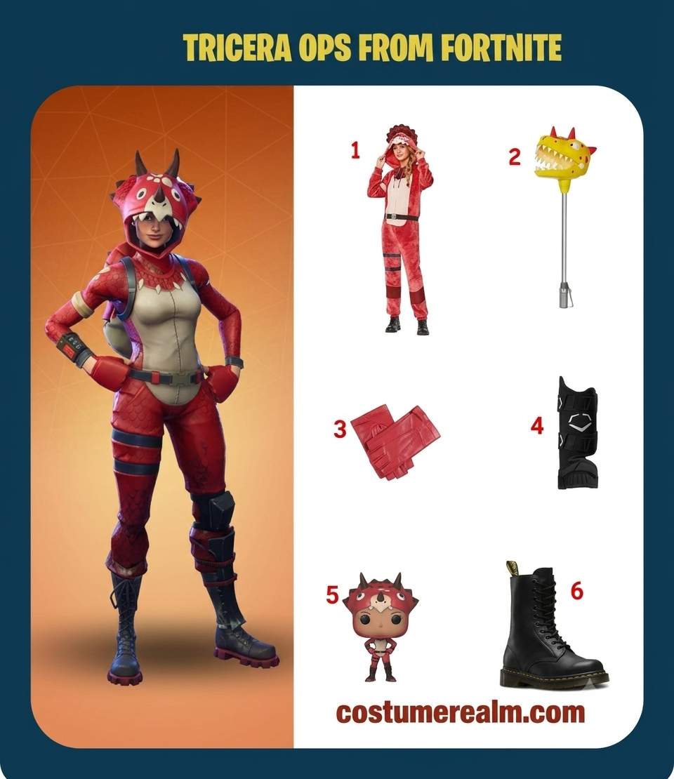 Tricera Ops from Fortnite cosplay infographic showing all 6 items: crimson plush Triceratops costume, Bite Mark Pickaxe, red fingerless gloves, black leg guard, Funko Pop prop, and black combat boots
