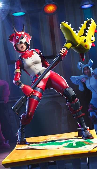 Tricera Ops from Fortnite character reference showing full crimson plush Triceratops suit with three white horns, fan-shaped frill, cream underbelly, dark utility belt, and brown tactical chest straps