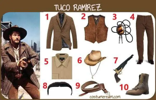 Tuco Ramirez from The Good, the Bad and the Ugly Halloween costume infographic showing all 10 items: wool coat, suede vest, bolo tie, khaki shirt, brown jeans, straw cowboy hat, toy revolver, Zapata moustache, cartridge belt, and western boots