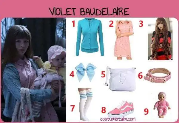 Violet Baudelaire from A Series of Unfortunate Events Halloween costume infographic showing all 9 items: teal cardigan, pink dress, long wavy wig, blue hair bow, purple crossbody bag, pink belt, striped thigh high socks, pink trainers, and doll prop