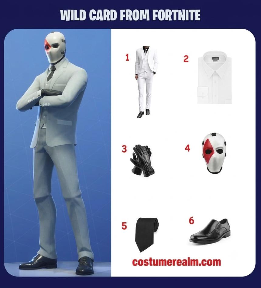 Wild Card from Fortnite cosplay guide infographic showing white three-piece suit, playing card face mask with hearts decal, slim black tie, black leather gloves, white dress shirt, and black loafers