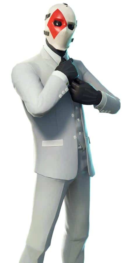 Wild Card Fortnite skin wearing the full white three-piece suit and playing card face mask with hearts decal, showing the complete cosplay build from the High Stakes event