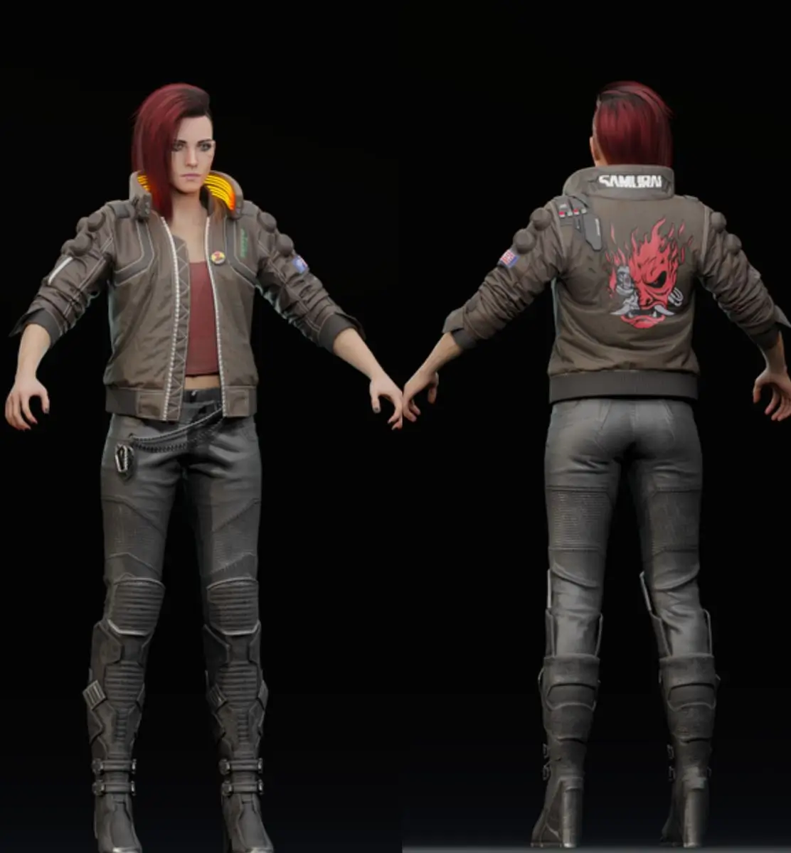 Female V Cyberpunk 2077 cosplay reference showing full costume bob wig tactical boots and cyberware eyeliner