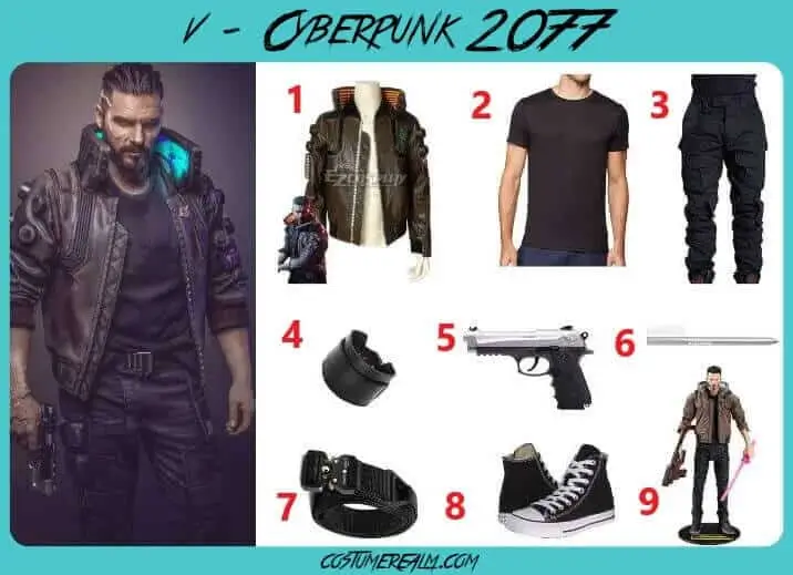 Male V Cyberpunk 2077 cosplay guide 9 items including leather jacket cargo pants high tops and silver eyeliner