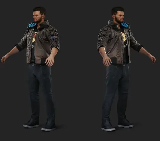 Male V Cyberpunk 2077 cosplay reference showing leather jacket cargo pants high tops and silver eyeliner