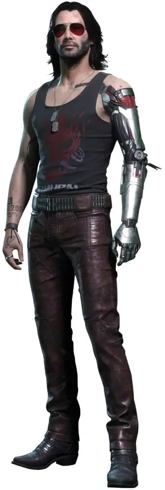Johnny Silverhand Cyberpunk 2077 cosplay reference showing silver arm red aviators Samurai jacket and full body tattoos